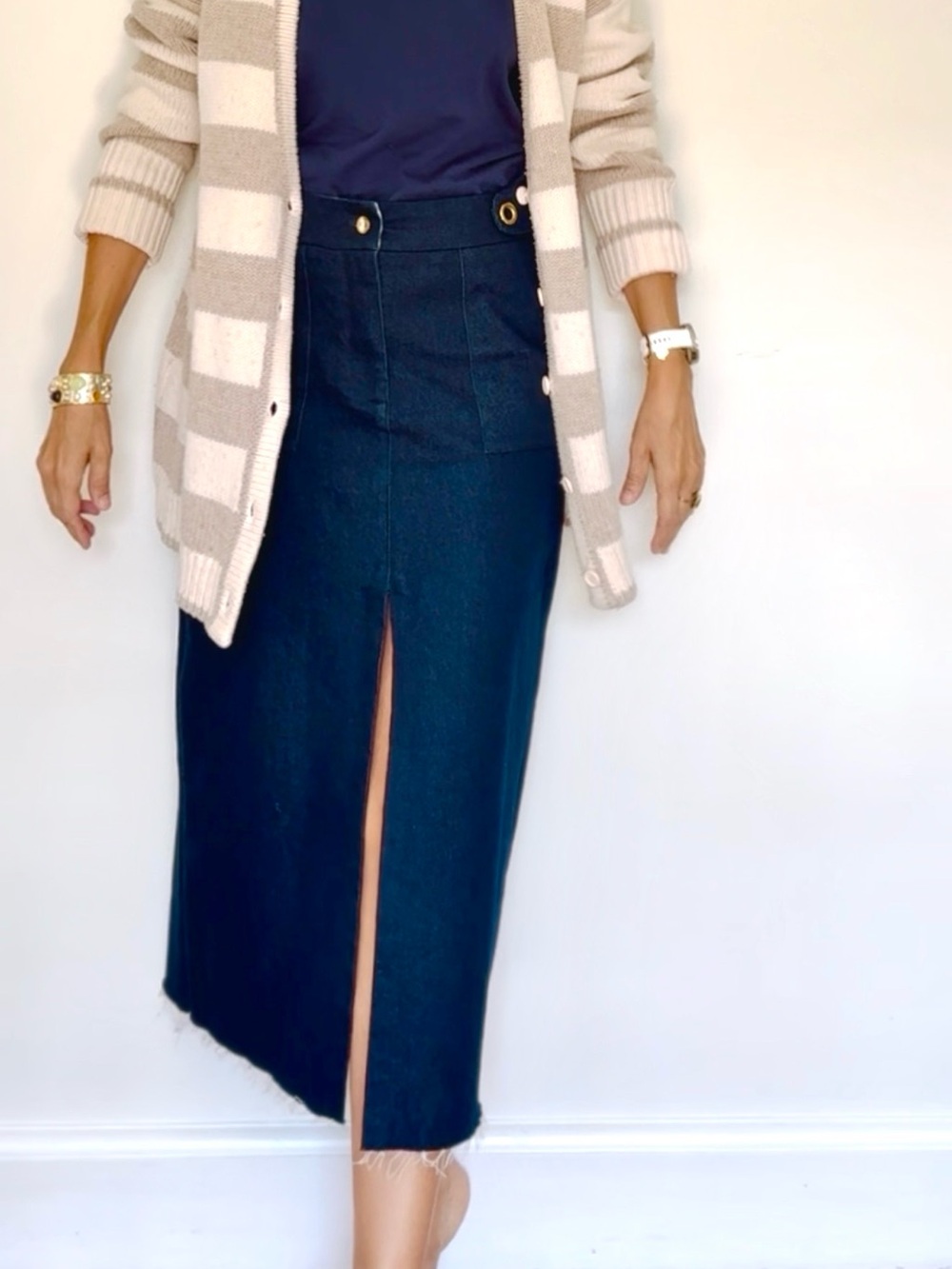 Dark Blue High-Waist Midi Denim Skirt with Front Slit